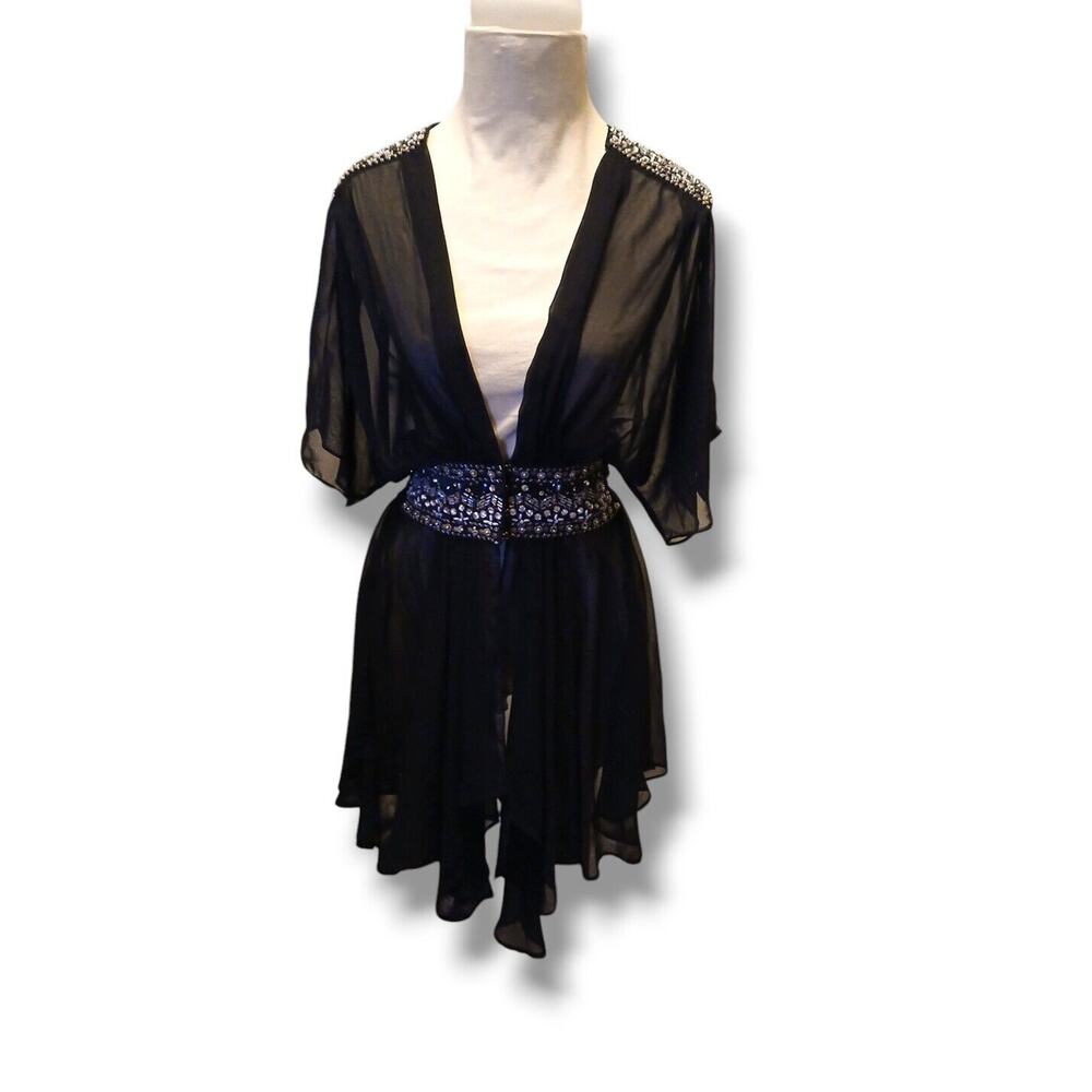 VNTG Forever 21 Long Sheer Tunic Blouse Sz SP Black Beaded Whimsigoth Babydoll